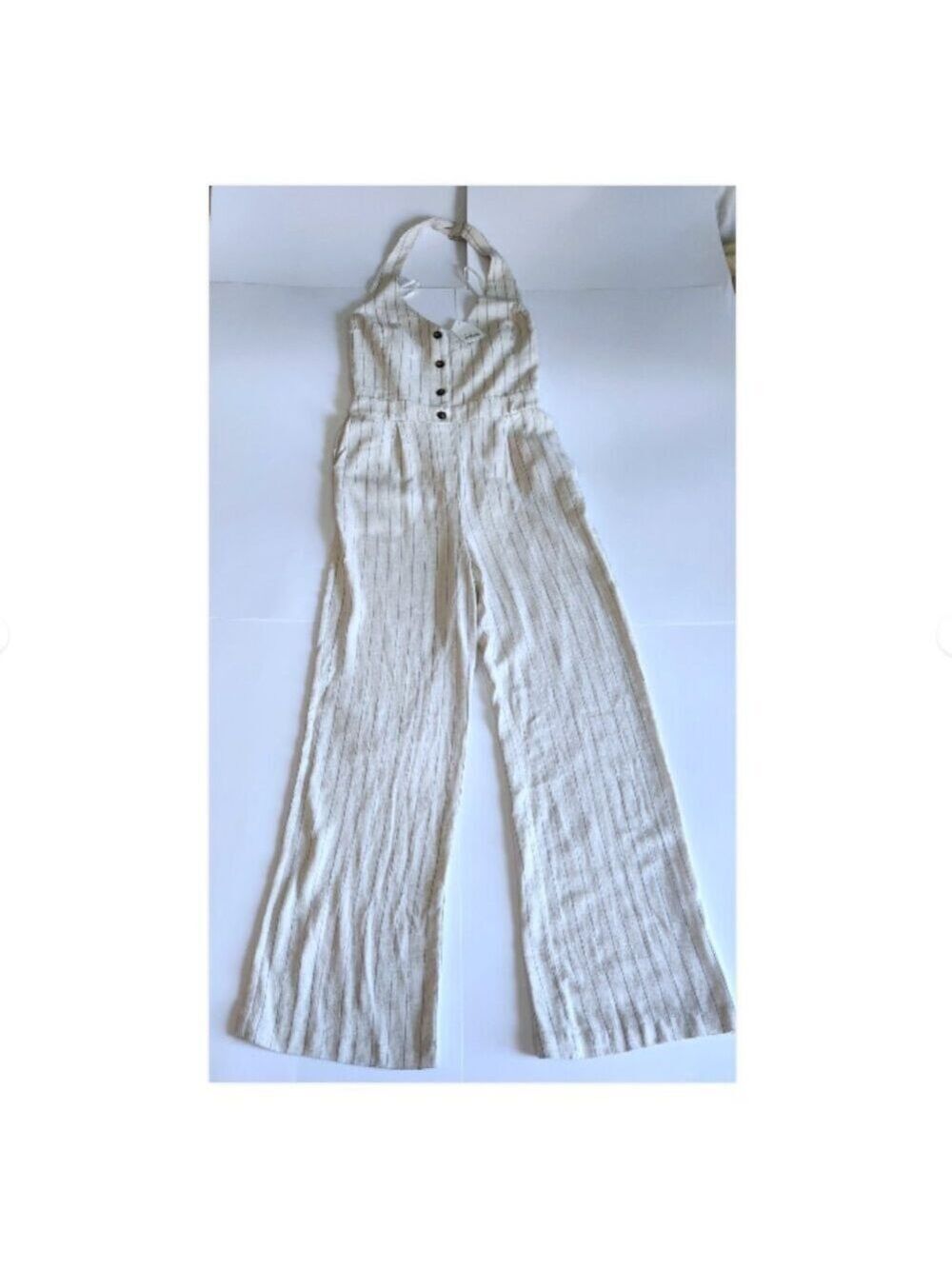 NWT Monteau LA Linen Striped Wide Leg Halter Jumpsuit Cream Medium